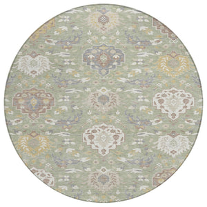 HomeRoots 5' Artichoke Green Brown Ivory Damask Rug - Elegant, Washable Indoor Outdoor Design for Any Space 8' Round 599390