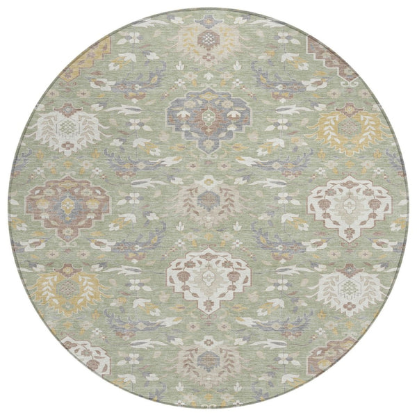 HomeRoots 5' Artichoke Green Brown Ivory Damask Rug - Elegant, Washable Indoor Outdoor Design for Any Space 8' Round 599390