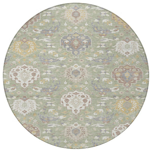 Homeroots 3' Artichoke Green Brown Ivory Damask Washable Area Rug For Indoor Outdoor Spaces, Durable Design 8' Round Polyester 599390