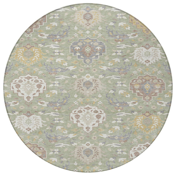Homeroots 3' Artichoke Green Brown Ivory Damask Washable Area Rug For Indoor Outdoor Spaces, Durable Design 8' Round Polyester 599390