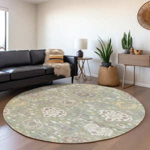 Homeroots 3' Artichoke Green Brown Ivory Damask Washable Area Rug For Indoor Outdoor Spaces, Durable Design 8' Round Polyester 599390