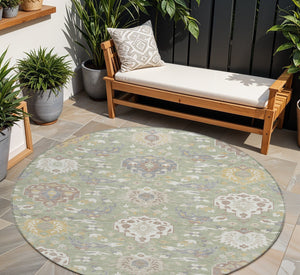 Homeroots 3' Artichoke Green Brown Ivory Damask Washable Area Rug For Indoor Outdoor Spaces, Durable Design 8' Round Polyester 599390