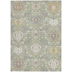 Homeroots 3' Artichoke Green Brown Ivory Damask Washable Area Rug For Indoor Outdoor Spaces, Durable Design 8' X 10' Polyester 599391