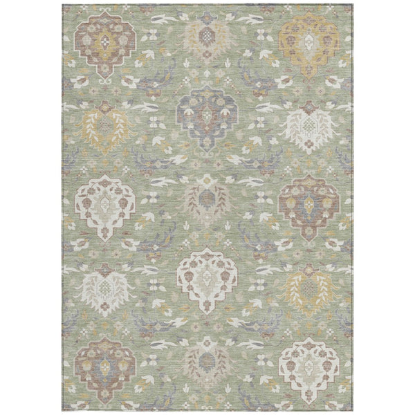 Homeroots 3' Artichoke Green Brown Ivory Damask Washable Area Rug For Indoor Outdoor Spaces, Durable Design 8' X 10' Polyester 599391