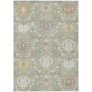 Homeroots 3' Artichoke Green Brown Ivory Damask Washable Area Rug For Indoor Outdoor Spaces, Durable Design 8' X 10' Polyester 599391