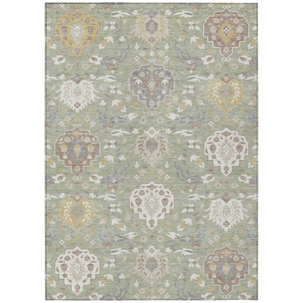 Homeroots 3' Artichoke Green Brown Ivory Damask Washable Area Rug For Indoor Outdoor Spaces, Durable Design 8' X 10' Polyester 599391
