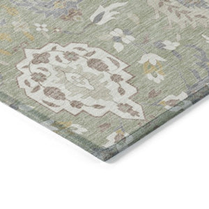 Homeroots 3' Artichoke Green Brown Ivory Damask Washable Area Rug For Indoor Outdoor Spaces, Durable Design 8' X 10' Polyester 599391