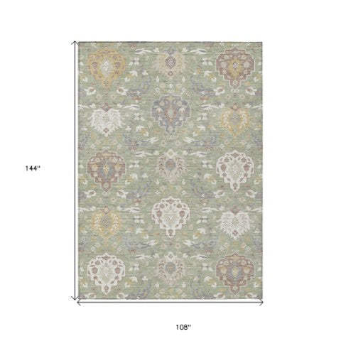 Homeroots 3' Artichoke Green Brown Ivory Damask Washable Area Rug For Indoor Outdoor Spaces, Durable Design 9' X 12' Polyester 599392