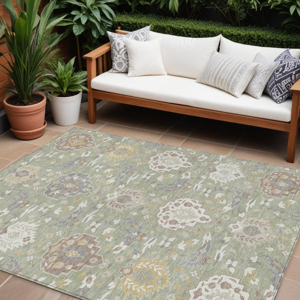 Homeroots 3' Artichoke Green Brown Ivory Damask Washable Area Rug For Indoor Outdoor Spaces, Durable Design 9' X 12' Polyester 599392