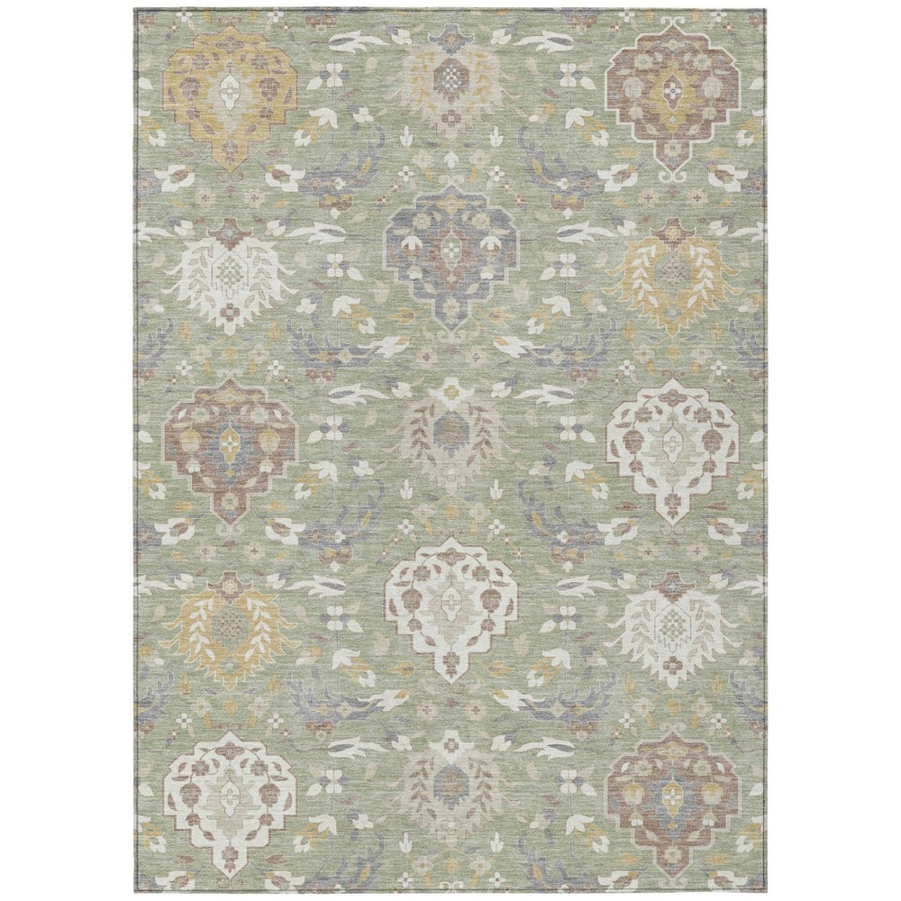 HomeRoots 9' X 12' Washable Damask Area Rug in Artichoke Green, Brown & Ivory - Indoor/Outdoor Durability! 599392