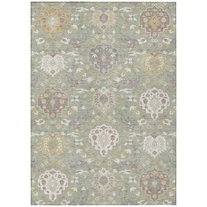 HomeRoots 9' X 12' Washable Damask Area Rug in Artichoke Green, Brown & Ivory - Indoor/Outdoor Durability! 599392