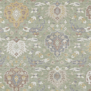 Homeroots 3' Artichoke Green Brown Ivory Damask Washable Area Rug For Indoor Outdoor Spaces, Durable Design 9' X 12' Polyester 599392