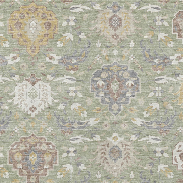 Homeroots 3' Artichoke Green Brown Ivory Damask Washable Area Rug For Indoor Outdoor Spaces, Durable Design 9' X 12' Polyester 599392