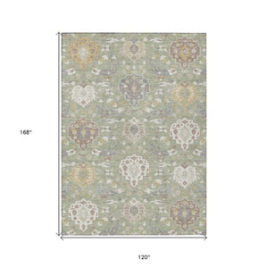 Homeroots 3' Artichoke Green Brown Ivory Damask Washable Area Rug For Indoor Outdoor Spaces, Durable Design 10' X 14' Polyester 599393