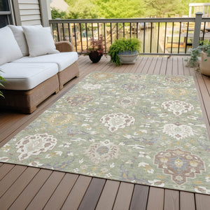 Homeroots 3' Artichoke Green Brown Ivory Damask Washable Area Rug For Indoor Outdoor Spaces, Durable Design 10' X 14' Polyester 599393