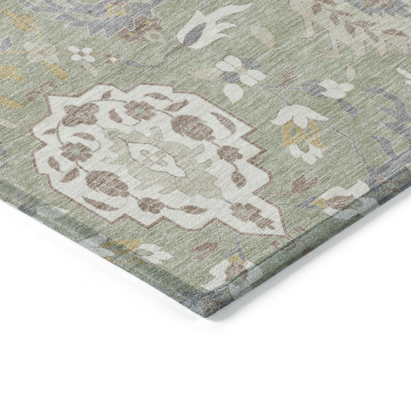 Homeroots 3' Artichoke Green Brown Ivory Damask Washable Area Rug For Indoor Outdoor Spaces, Durable Design 10' X 14' Polyester 599393