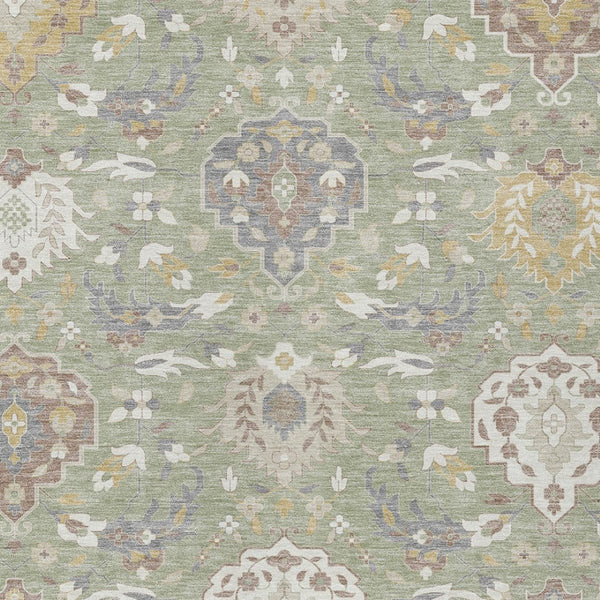 Homeroots 3' Artichoke Green Brown Ivory Damask Washable Area Rug For Indoor Outdoor Spaces, Durable Design 10' X 14' Polyester 599393
