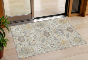 Homeroots 3' Artichoke Green Brown Ivory Damask Washable Area Rug For Indoor Outdoor Spaces, Durable Design 3' X 5' Polyester 599394