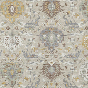 Homeroots 3' Artichoke Green Brown Ivory Damask Washable Area Rug For Indoor Outdoor Spaces, Durable Design 5' X 8' Polyester 599395