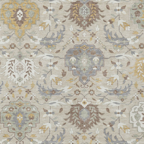 Homeroots 3' Artichoke Green Brown Ivory Damask Washable Area Rug For Indoor Outdoor Spaces, Durable Design 5' X 8' Polyester 599395