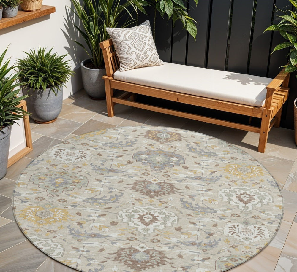 HomeRoots 5' Timeless Beige and Green Damask Area Rug - Durable, Washable, Indoor/Outdoor Elegance for Every Space 8' Round 599396