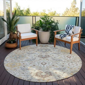 Homeroots 3' Artichoke Green Brown Ivory Damask Washable Area Rug For Indoor Outdoor Spaces, Durable Design 8' Round Polyester 599396