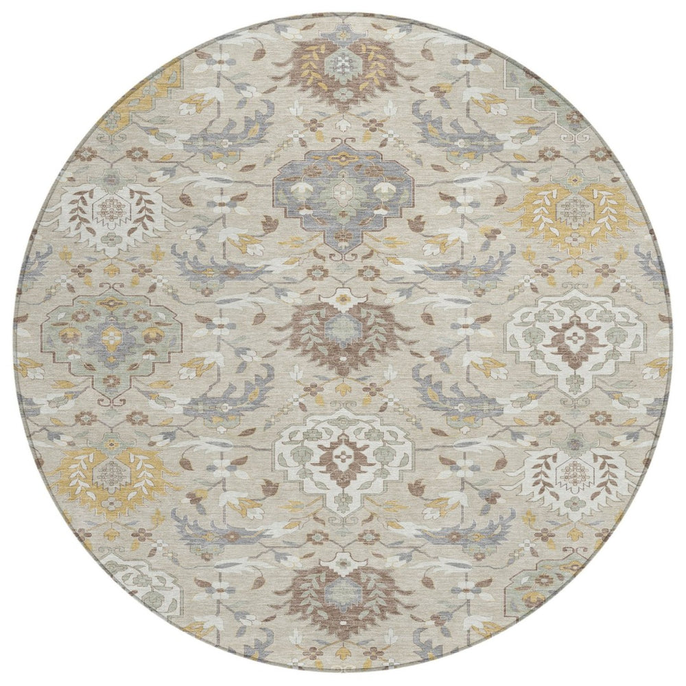 HomeRoots 5' Timeless Beige and Green Damask Area Rug - Durable, Washable, Indoor/Outdoor Elegance for Every Space 8' Round 599396