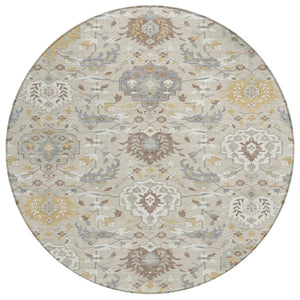 HomeRoots 5' Timeless Beige and Green Damask Area Rug - Durable, Washable, Indoor/Outdoor Elegance for Every Space 8' Round 599396