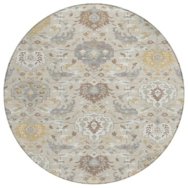 HomeRoots 5' Timeless Beige and Green Damask Area Rug - Durable, Washable, Indoor/Outdoor Elegance for Every Space 8' Round 599396