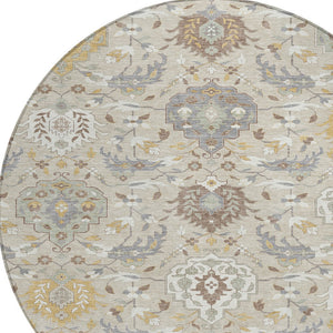 Homeroots 3' Artichoke Green Brown Ivory Damask Washable Area Rug For Indoor Outdoor Spaces, Durable Design 8' Round Polyester 599396