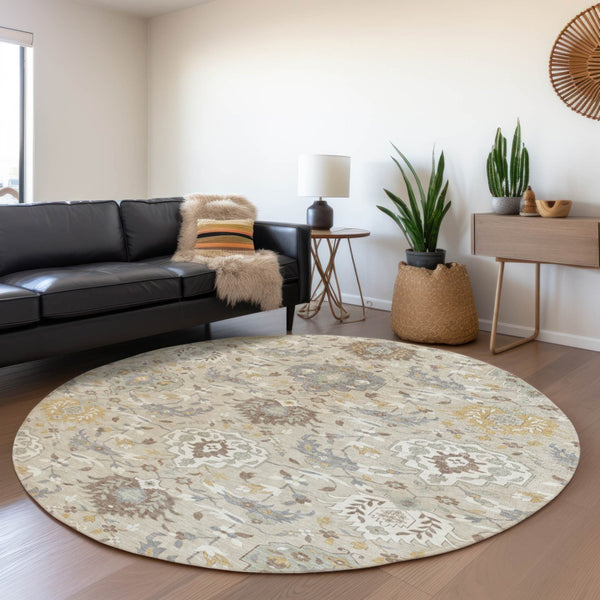 Homeroots 3' Artichoke Green Brown Ivory Damask Washable Area Rug For Indoor Outdoor Spaces, Durable Design 8' Round Polyester 599396