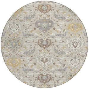 Homeroots 3' Artichoke Green Brown Ivory Damask Washable Area Rug For Indoor Outdoor Spaces, Durable Design 8' Round Polyester 599396