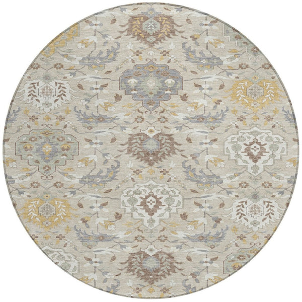 Homeroots 3' Artichoke Green Brown Ivory Damask Washable Area Rug For Indoor Outdoor Spaces, Durable Design 8' Round Polyester 599396
