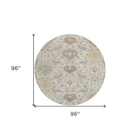 Homeroots 3' Artichoke Green Brown Ivory Damask Washable Area Rug For Indoor Outdoor Spaces, Durable Design 8' Round Polyester 599396