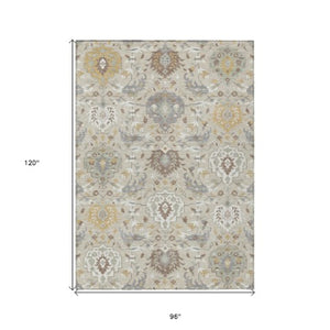 Homeroots 3' Artichoke Green Brown Ivory Damask Washable Area Rug For Indoor Outdoor Spaces, Durable Design 8' X 10' Polyester 599397