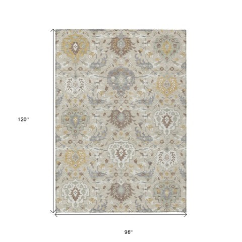 Homeroots 3' Artichoke Green Brown Ivory Damask Washable Area Rug For Indoor Outdoor Spaces, Durable Design 8' X 10' Polyester 599397