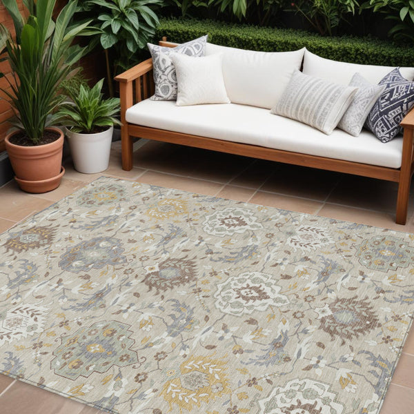 Homeroots 3' Artichoke Green Brown Ivory Damask Washable Area Rug For Indoor Outdoor Spaces, Durable Design 8' X 10' Polyester 599397