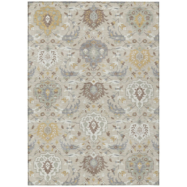 HomeRoots 5' Timeless Beige and Green Damask Area Rug - Durable, Washable, Indoor/Outdoor Elegance for Every Space 8' X 10' 599397