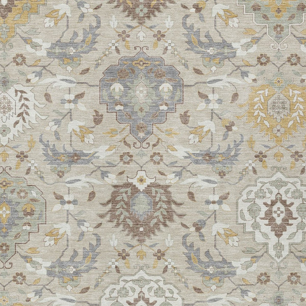 Homeroots 3' Artichoke Green Brown Ivory Damask Washable Area Rug For Indoor Outdoor Spaces, Durable Design 8' X 10' Polyester 599397