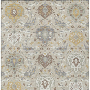 Homeroots 3' Artichoke Green Brown Ivory Damask Washable Area Rug For Indoor Outdoor Spaces, Durable Design 9' X 12' Polyester 599398