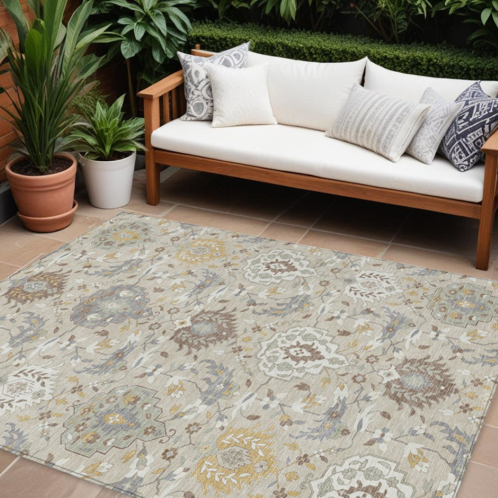 HomeRoots 9' Stylish Damask Beige Brown Green Area Rug - Durable, Washable, Indoor/Outdoor Use, Machine Woven 599398