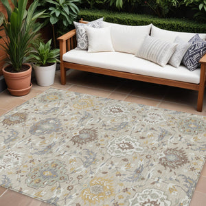 Homeroots 3' Artichoke Green Brown Ivory Damask Washable Area Rug For Indoor Outdoor Spaces, Durable Design 9' X 12' Polyester 599398