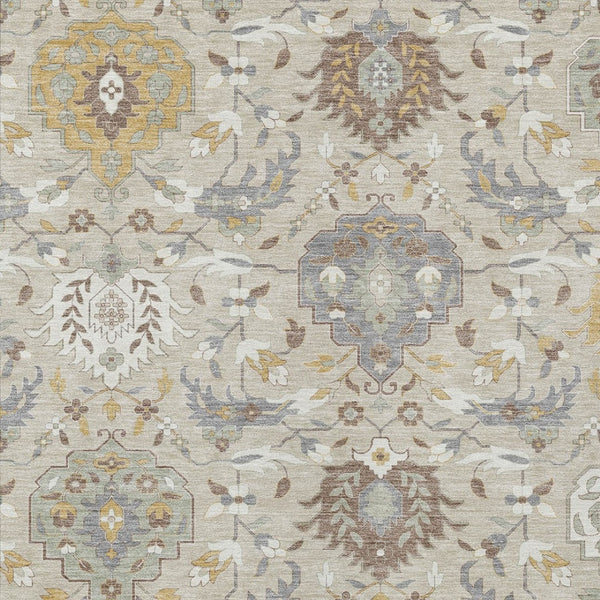 Homeroots 3' Artichoke Green Brown Ivory Damask Washable Area Rug For Indoor Outdoor Spaces, Durable Design 9' X 12' Polyester 599398