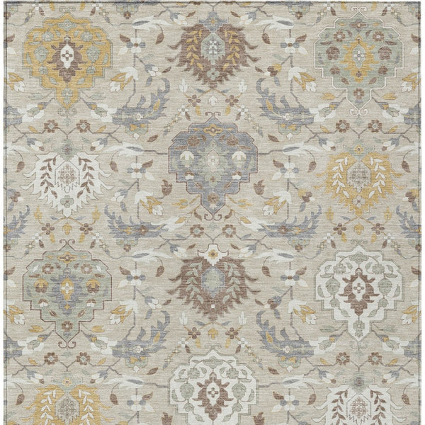Homeroots 3' Artichoke Green Brown Ivory Damask Washable Area Rug For Indoor Outdoor Spaces, Durable Design 10' X 14' Polyester 599399