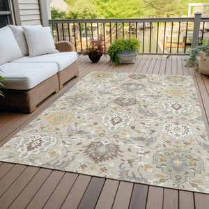 Homeroots 3' Artichoke Green Brown Ivory Damask Washable Area Rug For Indoor Outdoor Spaces, Durable Design 10' X 14' Polyester 599399