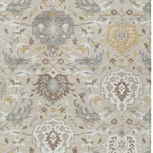 Homeroots 3' Artichoke Green Brown Ivory Damask Washable Area Rug For Indoor Outdoor Spaces, Durable Design 10' X 14' Polyester 599399