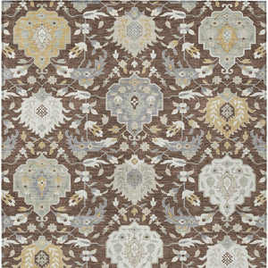 Homeroots 3' Artichoke Green Brown Ivory Damask Washable Area Rug For Indoor Outdoor Spaces, Durable Design 3' X 5' Polyester 599400
