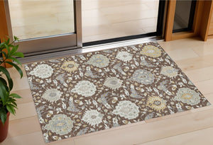 Homeroots 3' Artichoke Green Brown Ivory Damask Washable Area Rug For Indoor Outdoor Spaces, Durable Design 3' X 5' Polyester 599400