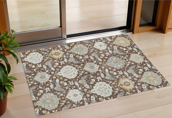 Homeroots 3' Artichoke Green Brown Ivory Damask Washable Area Rug For Indoor Outdoor Spaces, Durable Design 3' X 5' Polyester 599400