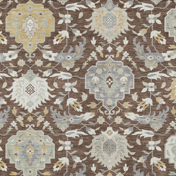 Homeroots 3' Artichoke Green Brown Ivory Damask Washable Area Rug For Indoor Outdoor Spaces, Durable Design 3' X 5' Polyester 599400